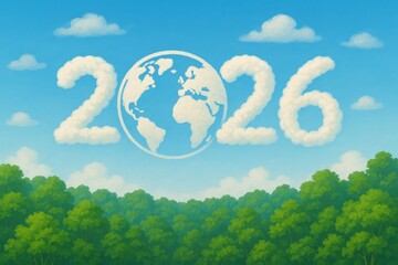 Whimsical Cloud Illustration Representing Future Year 2026 with Earth and Nature Background