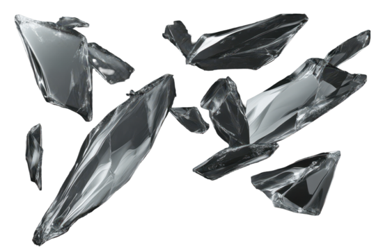 Levitating crystalline shards create a stunning visual display against a dark background, showcasing unique shapes and reflections