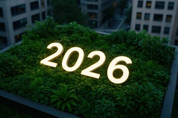 Illuminated Numbers 2026 Surrounded by Lush Greenery on Rooftop Garden in Cityscape