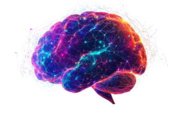 Futuristic digital brain illustrates advanced technology and neural connections in a vibrant, colorful design with a focus on innovation and artificial intelligence