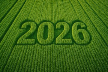 Green Rice Field with Large Number 2026 Carved in Fresh Crops Under Bright Blue Sky