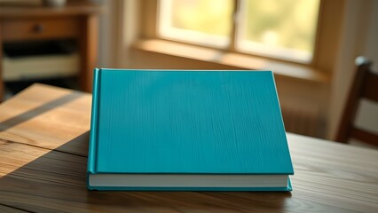 Fototapeta premium a closed turquoise book with a blank cover on a table