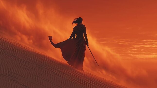Lone female warrior atop a sand dune at sunset, wind blowing her robes and hair, holding a futuristic polearm. Fiery sky, dramatic silhouette. Strength, solitude, resilience.