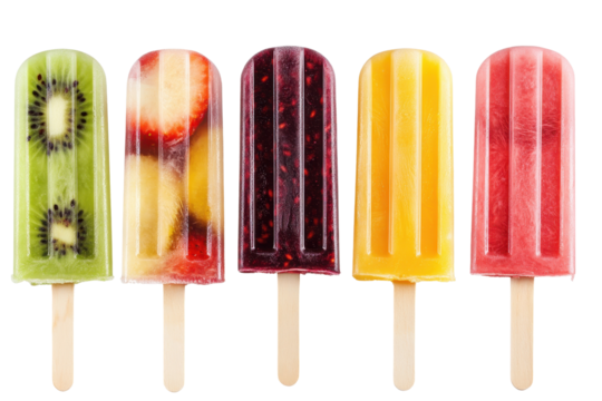 Colorful fruit popsicles displayed on a transparent background offer a refreshing treat perfect for hot summer days and festive gatherings