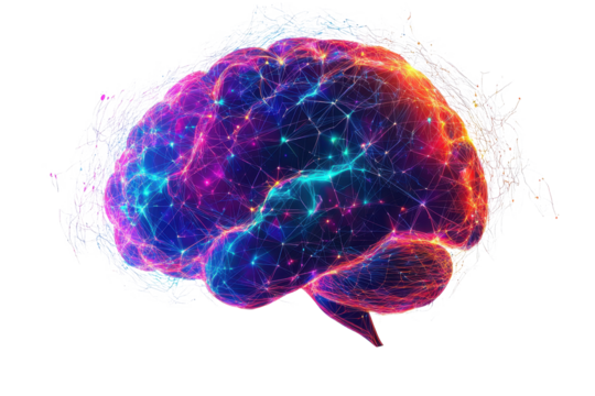 Futuristic digital brain illustrates advanced technology and neural connections in a vibrant, colorful design with a focus on innovation and artificial intelligence