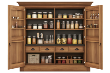 Stylish kitchen pantry cabinet with organized shelves for dry goods and condiments in a modern home setting