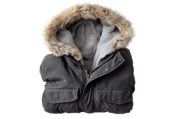 Dark gray hooded winter parka with fur trim and fleece lining isolated on a transparent background jacket