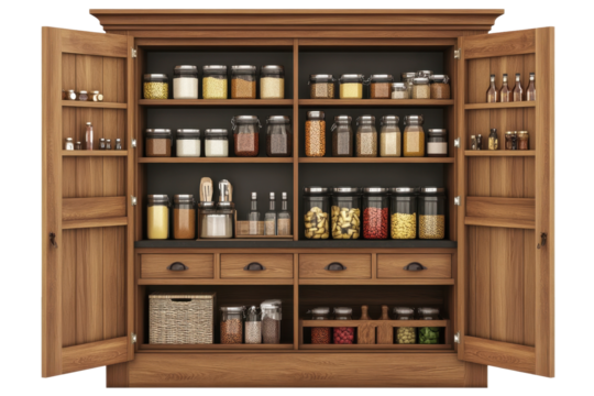 Stylish kitchen pantry cabinet with organized shelves for dry goods and condiments in a modern home setting