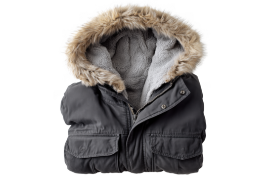 Dark gray hooded winter parka with fur trim and fleece lining isolated on a transparent background jacket