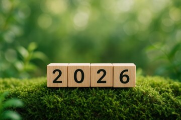 Wooden Blocks Displaying 2026 on Green Moss Surrounded by Nature in Soft Focus Background