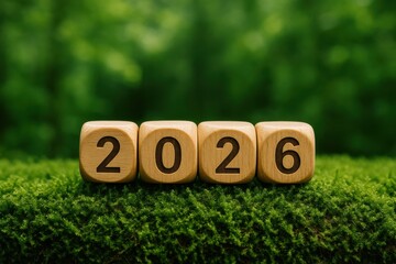 Wooden Blocks Displaying the Year 2026 Surrounded by Green Nature and Mossy Background