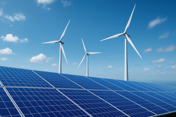 Solar panels and wind turbines under bright blue sky with scattered clouds represent clean renewable energy and futuristic eco technology for sustainable power generation