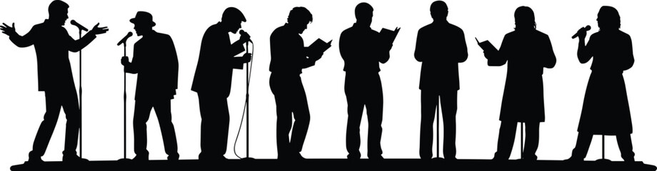 Silhouettes of Performers on Stage – Vector Set Featuring Microphones, Books, and Expressive Poses for Public Speaking, Poetry Reading, and Artistic Presentation Concepts