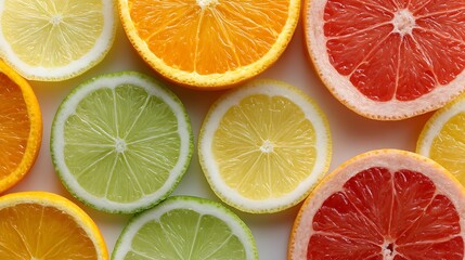Fototapeta premium Closeup of citrus fruit slices isolated on white background, including orange, lemon, and grapefruit