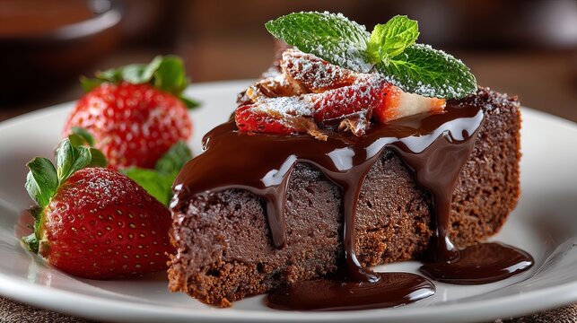Indulge in a decadent chocolate cake slice with luscious chocolate sauce, fresh strawberries, and mint for a dessert that's pure bliss
