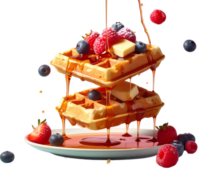 Flying waffles and butter getting dripped with maple syrup and berries over a pastel