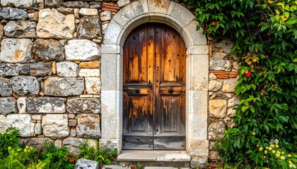 Rustic wooden door in an arched stone frame, surrounded by greenery