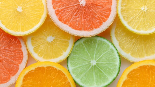 Vibrant citrus fruit slices a colorful assortment of lemon, lime, orange, and grapefruit