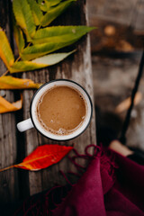 Hot coffee in a white enamel mug with a silver spoon, surrounded by autumn leaves on a burgundy cloth. Cozy outdoor atmosphere.