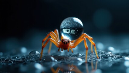 Tiny spider wearing a water droplet like a helmet in macro photography