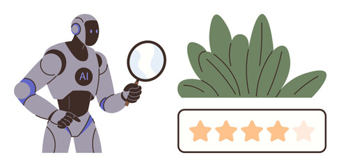AI robot holding magnifying glass examines five-star rating interface and evaluates performance. Ideal for artificial intelligence use, tech analysis, automation, customer feedback, digital tools