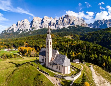 Scenic aerial view of a church nestled in a valley with dramatic mountain range - Powered by Adobe