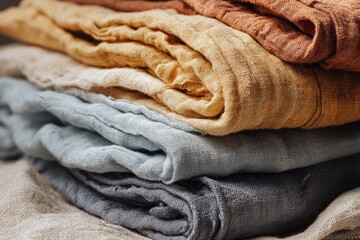 Folded Cotton and Linen Fabrics in Soft Warm Colors with Cozy Home Interior Background and Natural Sunlight for Modern Aesthetic Lifestyle Product Shots

