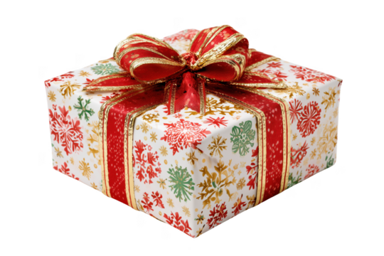 Festive gift box with red ribbon and snowflake pattern isolated on a transparent background present christmas