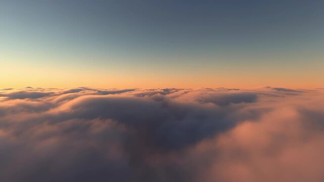 Aerial view above soft clouds at sunset with warm orange and blue sky gradient 4k animation video sunrise