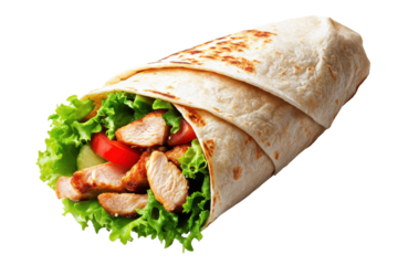 Delicious chicken wrap filled with fresh vegetables on a transparent background showcasing a healthy meal option
