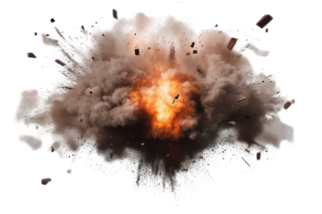 Powerful explosion sends debris and dust into the air during a dramatic event in a city setting at midday, creating a scene of chaos and destruction