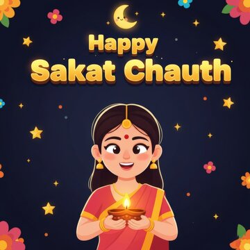 Cartoon Girl Holding Diya Under Moon and Stars for Sakat Chauth Festival Happy Sakat Chauth