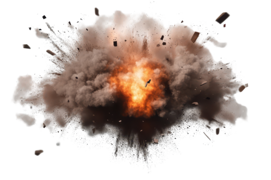 Powerful explosion sends debris and dust into the air during a dramatic event in a city setting at midday, creating a scene of chaos and destruction