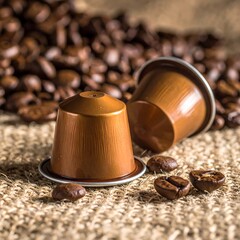 Two coffee pods on burlap