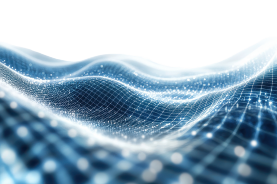 Exploration of a holographic universe simulation grid that showcases interconnected waves and bright points in a digital landscape