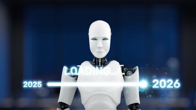 A sleek robotic figure interacts with a digital loading bar, representing the transition from 2025 to 2026. This image embodies future technology and innovation. Synapse