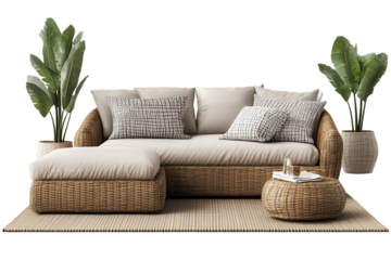 Outdoor lounge set with modern design featuring comfortable cushions and decorative plants on a transparent background