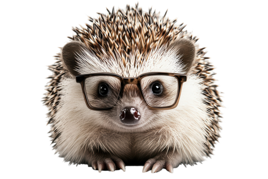 Hedgehog wearing small square glasses looks curious and adorable in its cozy indoor setting