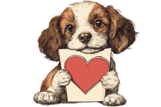 Cute dog with vintage illustration holding Valentine card featuring a heart in a lovely display of affection and charm