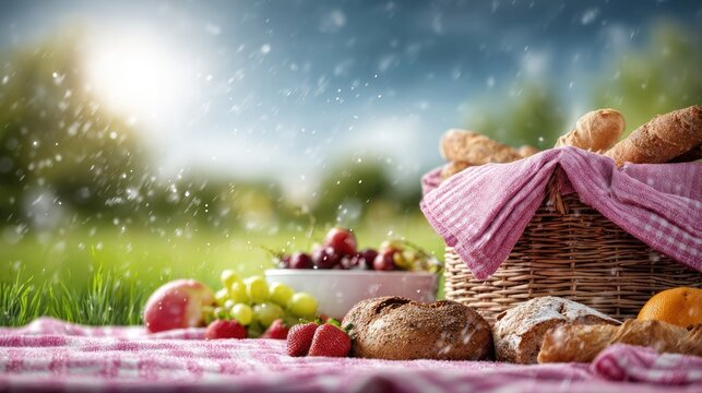A picnic basket filled with fresh bread and fruit on a checkered tablecloth outdoors under a summer sky.