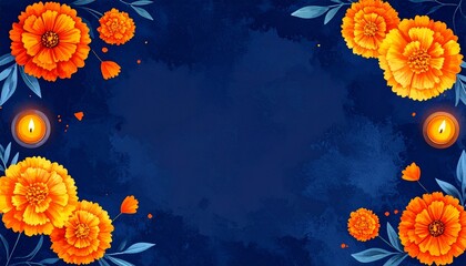 Top-down view Dia de Muertos frame in watercolor style vibrant marigold flowers navy blue with candles