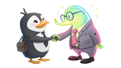 Fototapeta premium Penguin Entrepreneur Shaking Hands with Neon-Colored Alien, Isolated PNG