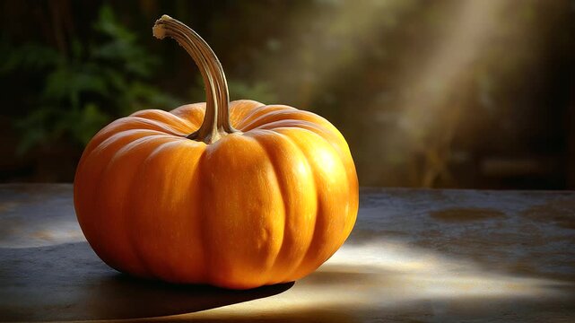 A pumpkin glows eerily, the spooky scene illuminated by gentle sunlight. Pumpkin, glow, with copy space