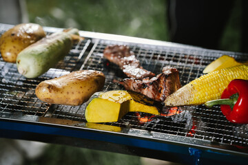 Close-up of grilled meat, potatoes, and vegetables cooking on a barbecue grill with smoke rising, showing delicious outdoor food preparation.