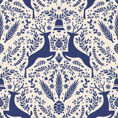 Cotton fabric Blue Reindeer Winter Folk Pattern