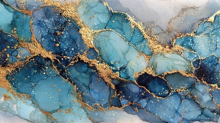 Fototapeta premium Elegant blue and gold abstract painting brings sophisticated luxury to your next design project with dreamy ethereal swirls and shimmering metallic accents