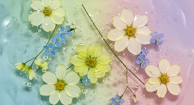 Vibrant floral arrangement of white, yellow, and blue flowers submerged in a clear liquid with air bubbles and a pastel gradient