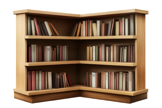 Stylish corner bookshelf with wooden finish showcasing a collection of books on each shelf, designed for efficient space utilization in modern interiors