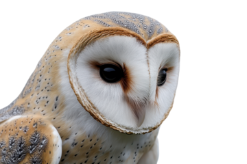 Close up view of a barn owl showing feathers and large eyes against a plain background