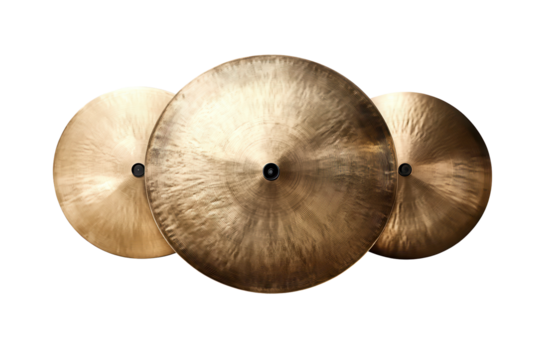 Beautifully crafted cymbals isolated on a transparent background, showcasing their refined design and shine for use in music and sound-related projects